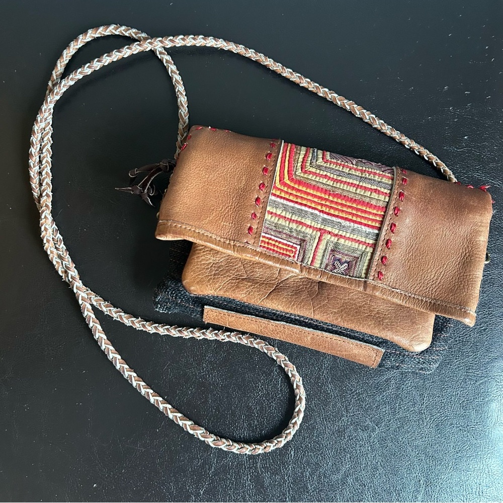 Brown Leather Colourful Patch Folding Flap Crossbody Bag with Braided Strap